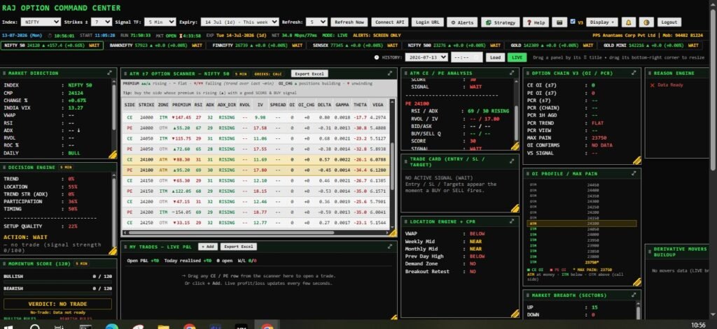 RAJ Option Command Center - custom Python options trading dashboard built by PACPL